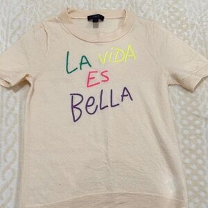 Cream short sleeve sweater 100% merino wool with Colorful  La vida es Bella